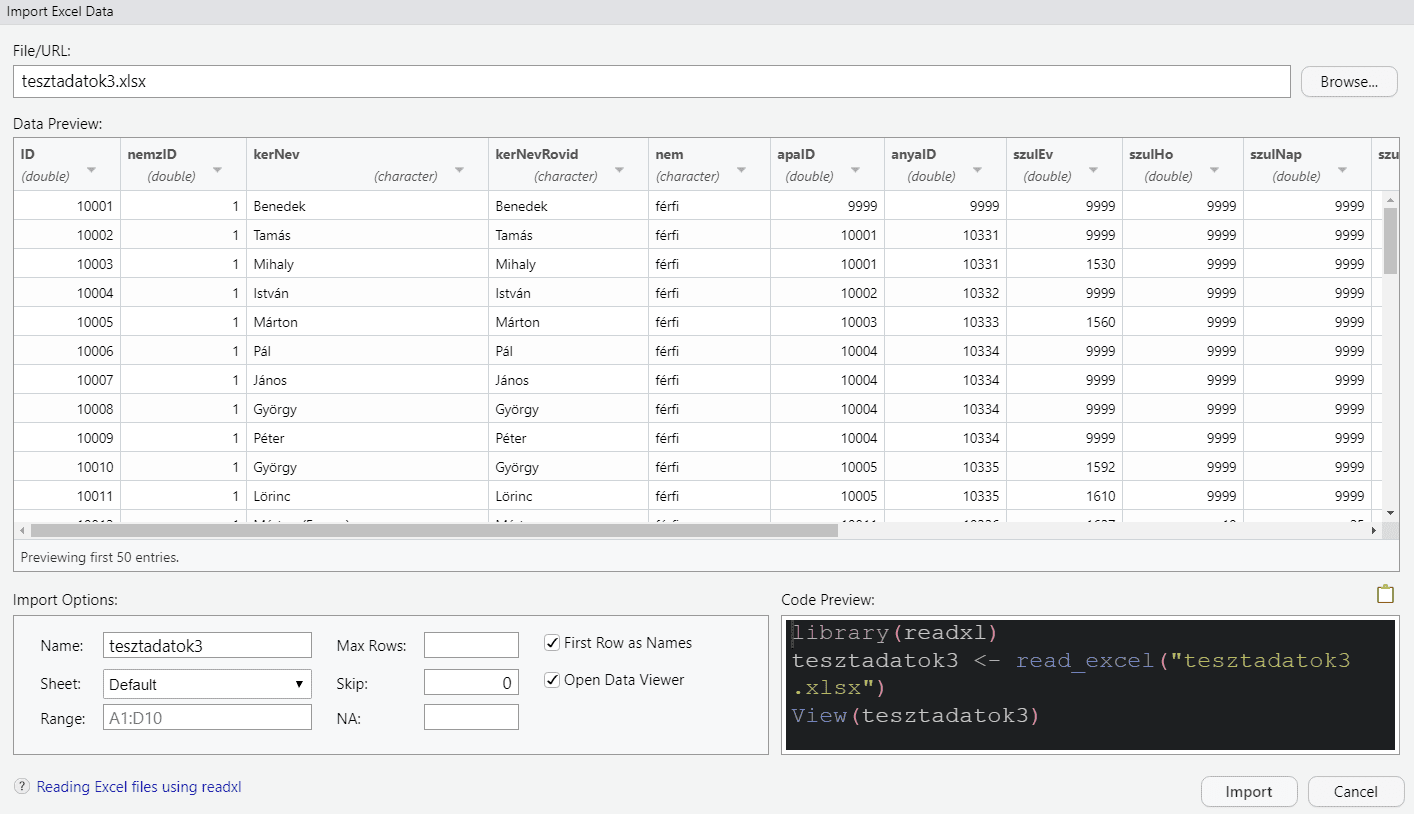 Excel fájl importálása az RStudio-ban