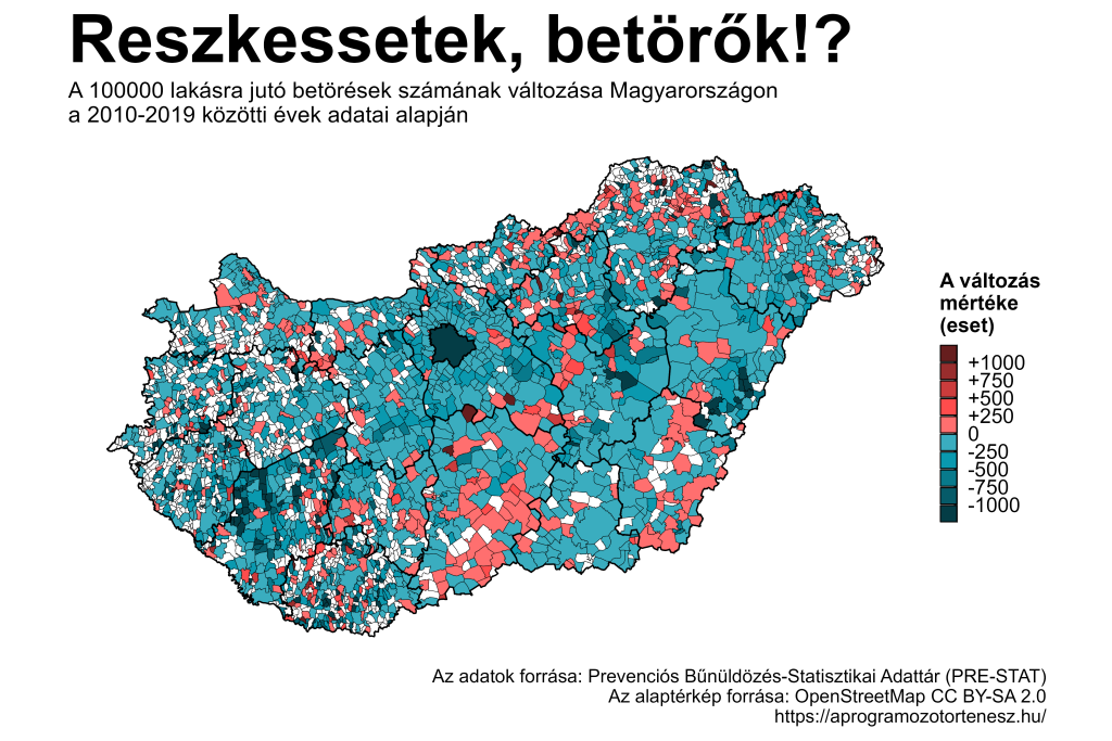 A 100000 lakásra jutó betörések száma Magyarországon 2010-2019